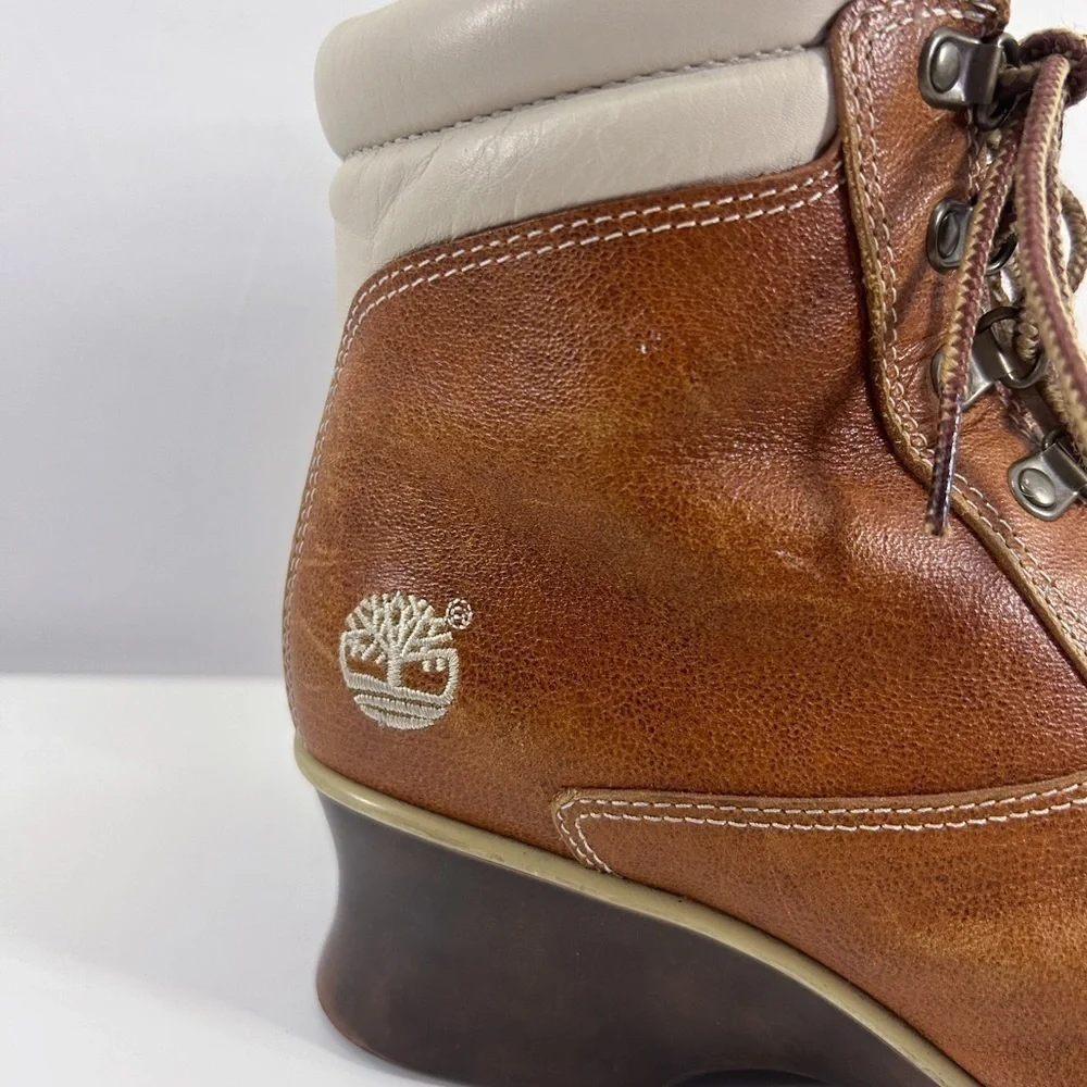 Timberland Brown Leather Wedge Lace Up Square Toe Ankle Booties Size 7.5